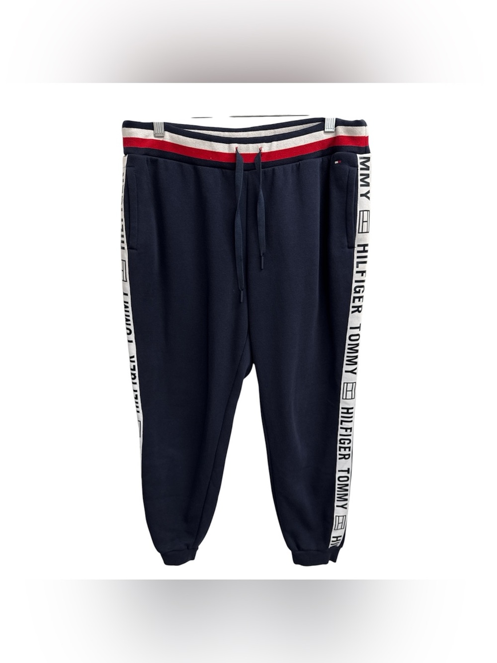 Tommy Hilfiger Navy Joggers with Red & White Waistband and Side Logo Tape Size L